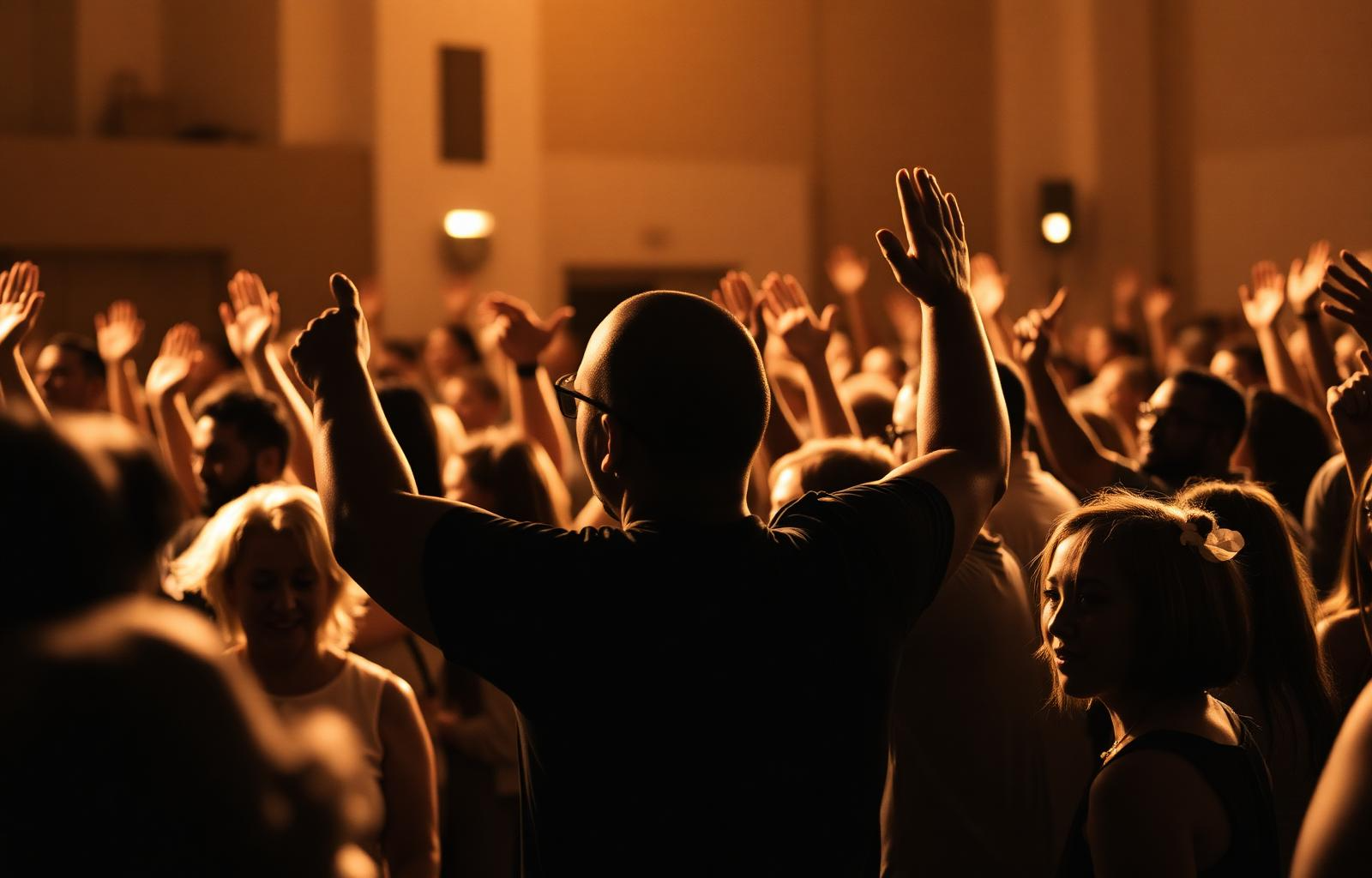Good Life Bible Fellowship community worshipping together with hands raised